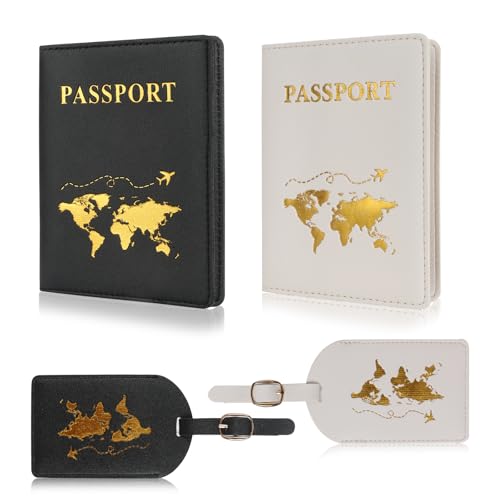 WEFINEST 4 Stück Reisepasshülle und Kofferanhänger Set, Passport Hülle PU-Leder Reisepass Hülle, Passport Cover für Reise, Passport Holder für Pässe, Kreditkarten, Personalausweise (Schwarz, Weiß)