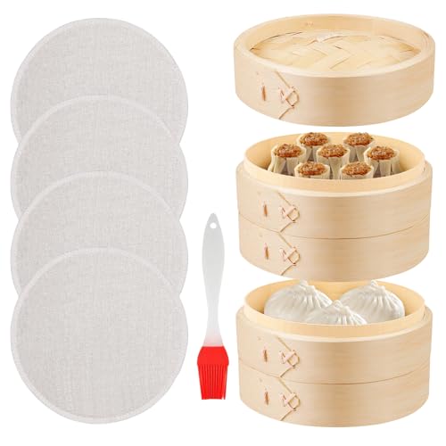 Bambus Dampfgarer, WANDGU 2 Etagen Bambus-Dämpfer mit Deckel, Bambus Dämpfaufsatz und Dampfkorb, Asiatischer Dämpfkorb, Dumpling Steamer, Dampfgarer Einsatz für Knödel, Dim Sum, Reis (Ø 15 cm)