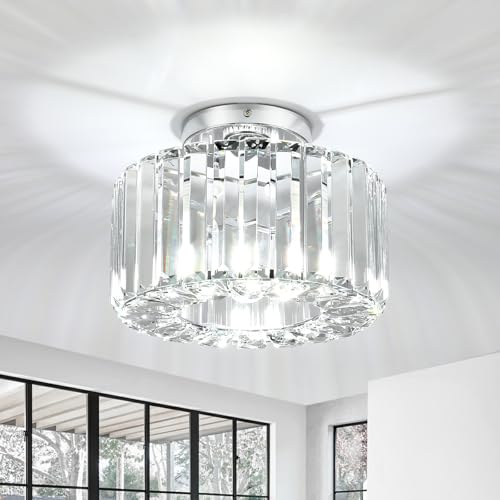 FORCOSO Kristall Deckenleuchte Ø245mm, Kronleuchter Chrom mit Metall Rahmen Lampenschirm, Sockel E27 Deckenlampe, Moderne Lampe für Schlafzimmer Wohnzimmer Flur Küche Esszimmer