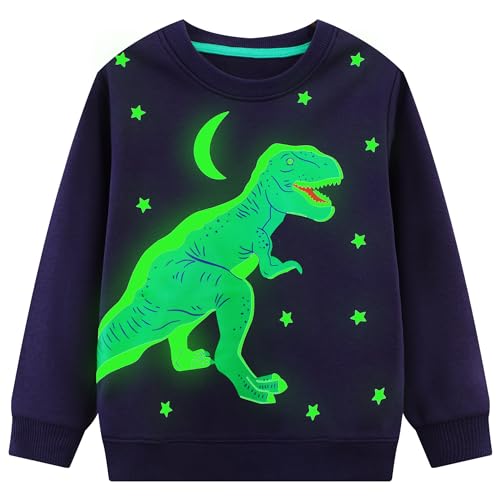 FILOWA Sweatshirt für Jungen Kinder Dinosaurier Pullover Sweater Ohne Kapuze Langarm Leuchtend Sweatshirt Sport Warm Baumwolle Top Pulli 3-4 Jahre,Gr.98-104(Blau)