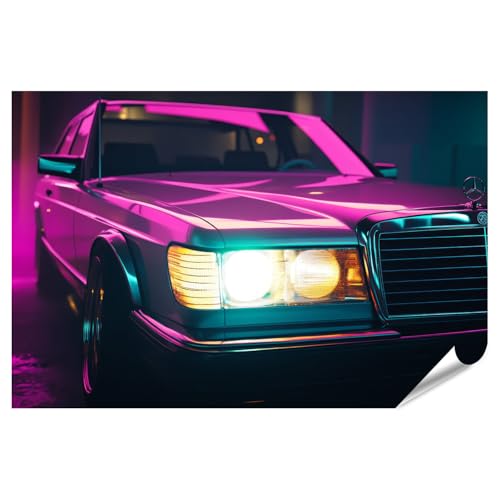 islandburner XXL Bild Poster Neon beleuchteter klassischer Mercedes in der Nacht für Wohnzimmer Autoliebhaber Autohaus Premium Bilder Fotodruck