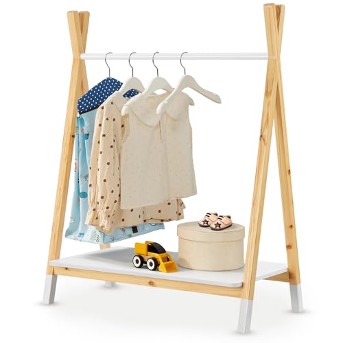 Juskys Kinder Kleiderständer Heidy mit Ablage & Kleiderstange - Holz Kindergarderobe modern, offen & freistehend - Kinderzimmer Garderobe Weiß