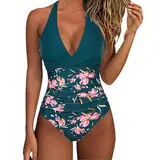 Badeanzug Damen Bauchweg, Einteiliger Bademode Damen mit Tiefer V-Ausschnitt,Monokini Damen Neckholder Mode Sexy Twist Badeanzüge Rückenfrei Slim Fit Schwimmanzug Strandmode Swimsuit für Frauen