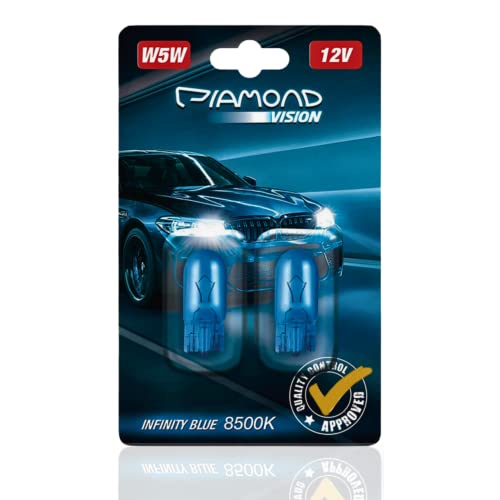 Diamond Vision 2x W5W T10 12V 5W | Xenon Look | Halogen KFZ Autolampen | 8500K Super Ultra White | extrem langlebig | 2er SET | E-Prüfzeichen | w09-44-89/XY