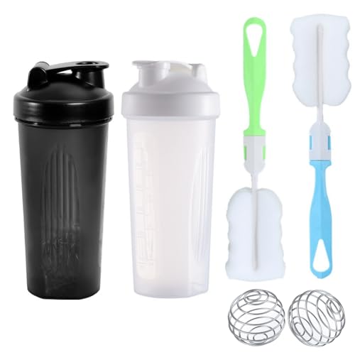 2 Stück Proteinshaker Flasche, Protein Shaker Bottle, Eiweiß Shaker, Protein Shaker mit 2 Mixball Edelstahl + 2 Schaumstoffbürste für Fitness Eiweiß, Auslaufsicherer Deckel mit Schlaufe, 700ml