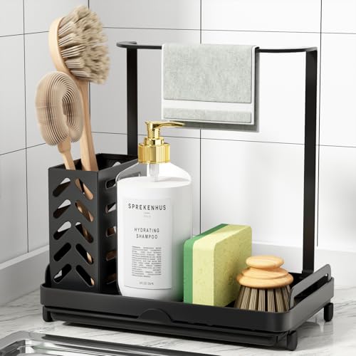 Kitsure Küchen Organizer - Spülbecken Organizer aus Edelstahl, Multifunktionaler Organizer Küchen mit Abnehmbarer Auffangwanne, Schwammhalter Küche für Bürsten & Handtücher, Large