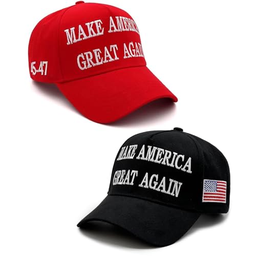 Aeonda Trump 2024 45-47 MAGA Hat Make America Great Again Donald Trump Slogan mit USA-Flagge Baseballkappe, 2 x rote und schwarze Maga-Hut, M/Einheitsgröße