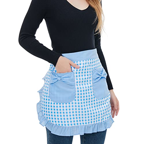 Love Potato Taillenschürze mit Taschen, modische Küchenschürze für Küche, Kochen, Restaurant, Bistro, halbe Schürzen für Mädchen und Frauen, Blau kariert, One size