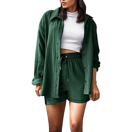 Generisch Zweiteiler Damen Musselin Bluse Sommer Set - Outfit Leinen Bluse Hemd Und Shorts Lounge Set Strand Y2K Clothes Baumwolle Sportanzug Elegant Oversize Freizeitanzug Langarm Hausanzug