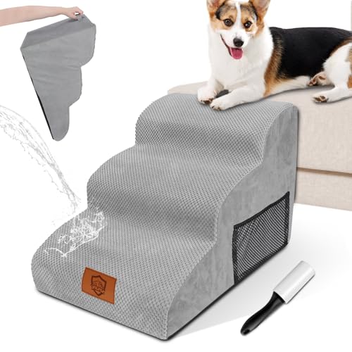 Zvonema wasserdichte Hundetreppe, Hundetreppe 40 cm Hoch, Hochwertige Schwamm Katzentreppe, Tragbare Verletzungsprophylaxe Hunderampe, rutschfeste Waschbarer Haustierrampe-Senden Fusselrolle