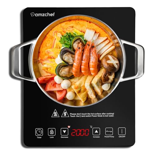 AMZCHEF Induktionskochplatte, 2000W Einzel Induktionskochfeld mit schlankem Design, 20 Leistungsstufen, 20 Temperatureinstellungen, Sicherheitsverriegelung,3-Stunden-Timer, Schwarz
