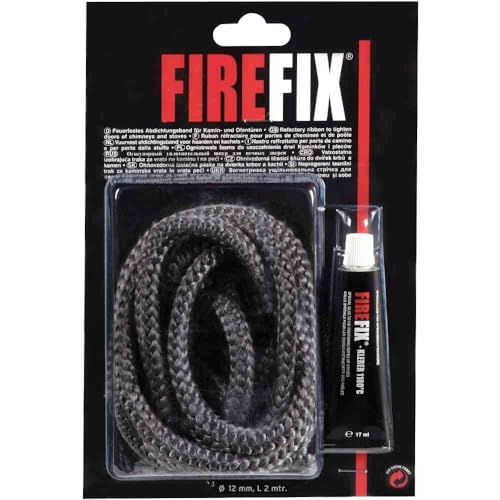 FIREFIX 2046 Keramikkordel ø 12mm, grau I 2m Dichtschnur für Kaminofen I Rundkordel I Ofendichtschnur mit bis zu 1100 °C hitzebeständigem Kleber 17ml