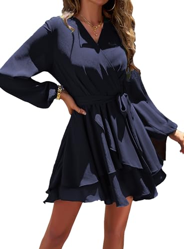 Jiraewh Damen Chiffon Kurz Kleid V-Ausschnitt Langarm Sommerkleid Tunika Kleider Einfarbig Elegant Rüschen Minikleid Casual Swing Skater Partykleid Wickelkleid Hohe Taille mit Gürtel(6019- DB M)
