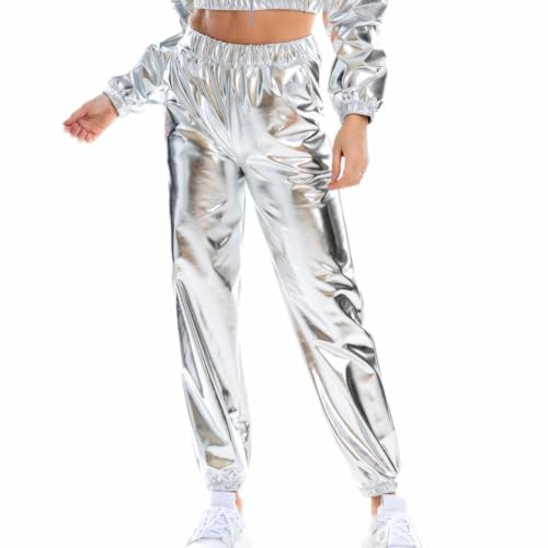 JINGTOPS Disco Clubwear,Casual Lang Hose,Glänzende Metallic-Hose für Damen für Karneval kostüm Party Disco Tanz Bühne Cosplay Nachtclub Festival