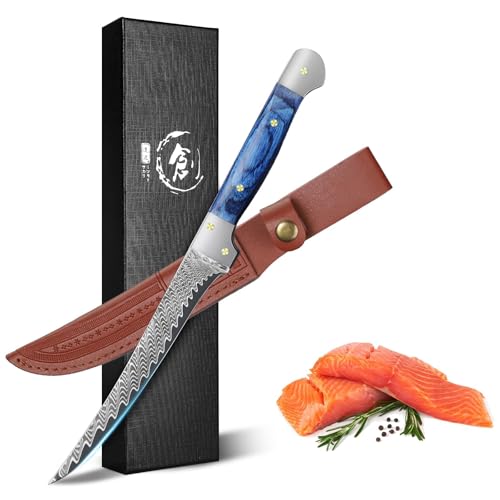 Golden Bird Filetiermesser 14,5 cm Ausbeinmesser aus Damaststahl mit VG10-Kern, professionelles Küchenmesser mit Full-Tang Holzgriff und Schutzscheide für Fleisch, Fisch und Outdoor