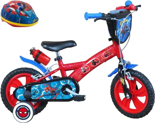 A.T.L.A.S. Jungen Fahrrad 30,5 cm (12 Zoll), ausgestattet mit 2 Bremsen, dekorativer Frontplatte, Schutzblech, Gehäuse, Stabilisatoren und Spiderman-Helm, Rot wie abgebildet, 12''