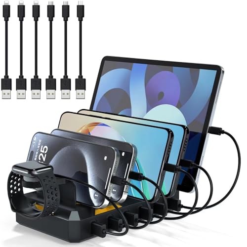 TechDot Ladestation für mehrere Geräte, 50W 6-Port USB mit magnetischem Uhrenhalter, mechanische Ladestation, 6-Port Kabel enthalten, Schwarz