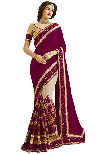 TRENDMALLS Damen Satin-Netz-Stickerei Saree mit ungenähter Bluse, Violett, Einheitsgröße