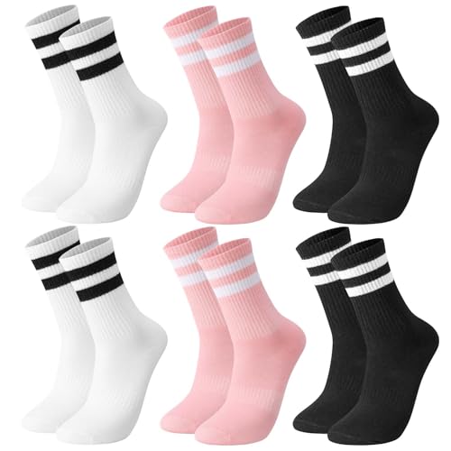 Utensilsto 6 Paare Socken Damen 39-42 Tennissocken Bunte Sportsocken Lange Socken Baumwollsocken Streifen Socken mit Motiv Laufsocken Arbeitssocken (Schwarz, Weiß, Pink)