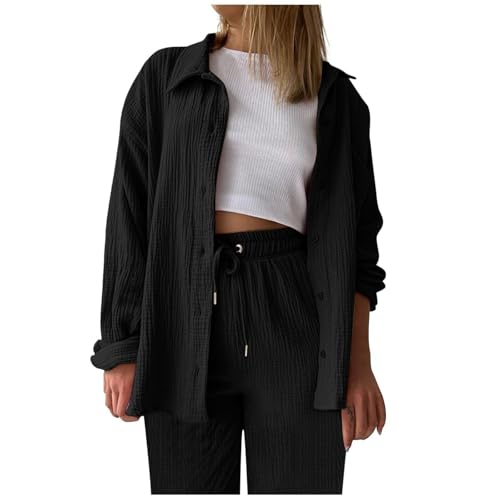 Zweiteiler Damen Sommer Outfits Musselin Bluse und Shorts, Aesthetic 2 Teiler Lounge Set Elegant Sportanzug Oversize Hosenanzug Langarm Hausanzug Y2K Clothes,Schwarz,L