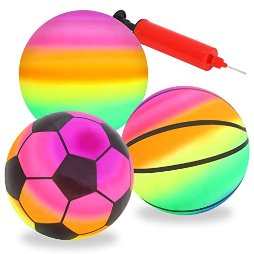 Gukasxi 3 Stück Regenbogen Inflation Strand Bälle mit Pumpe, Rainbow Bouncy Kickball Kinder Sport Spielen Ball Wasserball Fußball Handball Spielzeug für Indoor Outdoor Spielplatz Aktivitäten