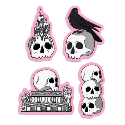 Memento Mori Schädel 4-stück Aufkleberpaket | Coole Gotische Skelett Sticker | Wasserfeste Aufkleber für Laptops, Wasserflaschen und mehr | Soft Goth Sticker Pack (Rosa)