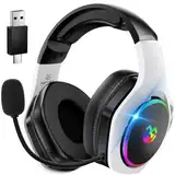 Tatybo Wireless Gaming Headset für Ps5/Ps4/PC/Switch, 2.4GHz & Bluetooth, unter 25 ms Latenz, 35 Std Laufzeit, atmungsaktive Ohrpolster, RGB, Kabelloses Gaming Headset, Schwarz-Weiß
