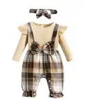 Haokaini Baby Mädchen Kleidung Neugeborene Einteilige Strampler Lange Rüschen Ärmel Plaid Spleißen Bowknot Jumpsuit mit Stirnband Bodysuit Outfit