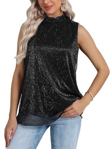 WIEIYM Damen Tank Top Sommer Elegant Glitzer Oberteile Camisole Ärmellos Tanktops Rüschen Rundhals Blusentop Sexy Vest Top Bluse Party Club Cocktail Vest Shirts,Schwarz,2XL