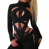 ORANDESIGNE Damen Badeanzug 2-Teilig Neon Rave Outfit Sexy Niedrig Geschnitten mit Y2K Langarm Crop Top Cover-up Bikini Clubwear S D Schwarz