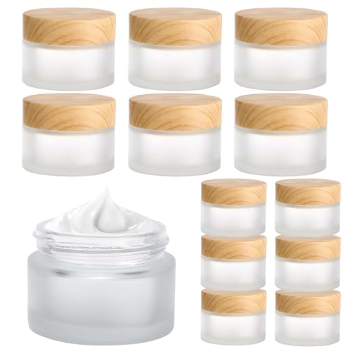 Auauraintt 12 Stück Glas Döschen,Mattiert Glastiegel 20ml/30ml,Kleine Dosen mit Bezug aus Holzmaserung,Creme behälter,Leere Nachfüllbare,für Kosmetik Cremes Lotionen,Proben Reisebehälter