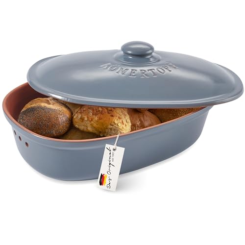 Römertopf Brottopf MAXI aus natürlicher Keramik, Brotbehälter für lebensmittelecht Brotaufbewahrung blau-grau, Terrakotta