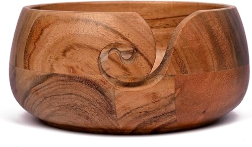 Samhita Acacia Wood Wooden Yarn Bowl for Crocheting & Knitting Hand Made by Indian Artisans Birthday Gifts for Mom & Knitting Lovers (15.24cm x 15.24cm x 7.62cm)