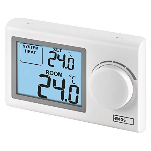 EMOS digitaler Raumthermostat, manueller Wandthermostat für Heizungssysteme und Kühlungssysteme, Thermostat / Raumtemperaturregler mit Stellrad, drahtverbunden zur Aufputzmontage, 30 x 120 x 77 mm