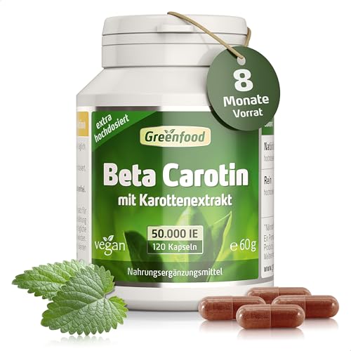 Beta Carotin, 50.000 i.E. (30 mg), 120 Vegi-Kapseln, hochdosiert - Vorstufe von Vitamin A (Augen, Hautschutz). Vegan.