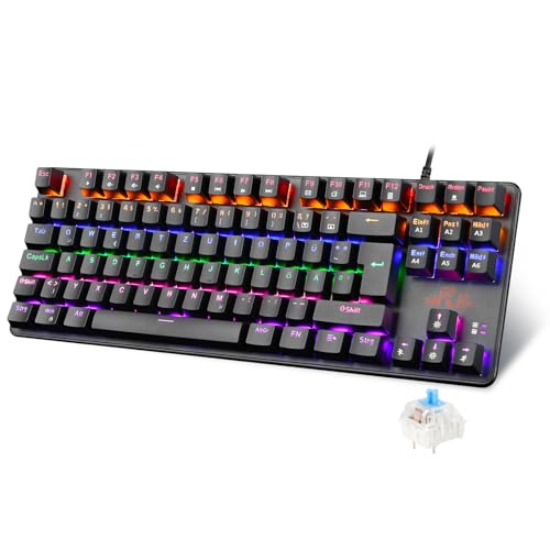 Rii Mechanische Tastatur Gaming Keyboard, Gaming Tastatur TKL mit QWERTZ, Mechanisch mit Blaue Schalter (Laut), Kabel (Nicht Hot-Swap-fähig, Schäfte sind Nicht austauschbar)