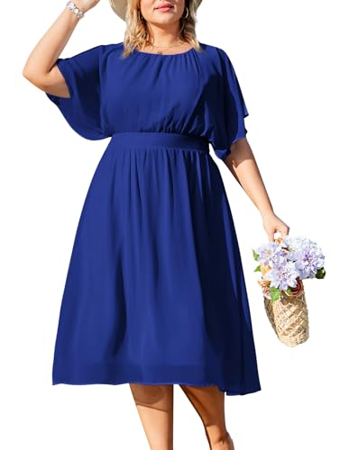 Hanna Nikole Damen Chiffon Kleid Rundhalsausschnitt Midi Abschlussballkleid für Mollige Königsblau 54