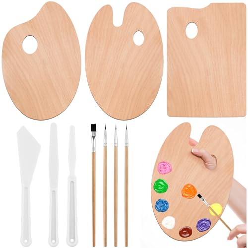 VEPEPE 10 Stück Daumenloch Holz Palette Malen Kit, 3 Formen Holz Malen Paletten 30 x 20 cm mit Malmesser Kunststoff, Oval Hölzerne Malpalette Mischpalette für DIY Kunst Handwerk Malerei Aquarell