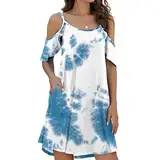 Damen Casual Kleider Minikleid A Linie Schulterfrei Partykleid Freizeitkleid Tie-Dye-Druck Locker Sommerkleid Mit Taschen (M,Blau 1)