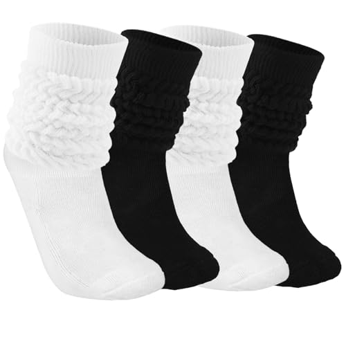 Abeillo 2 Paar Damen Slouch Socken,Weiche Stricken Scrunch Socken,Extra lange Knit Cotton Slouch Socken Stulpensocken Damen,Herbst Winter Gestapelt Socken(Schwarz + Weiß)