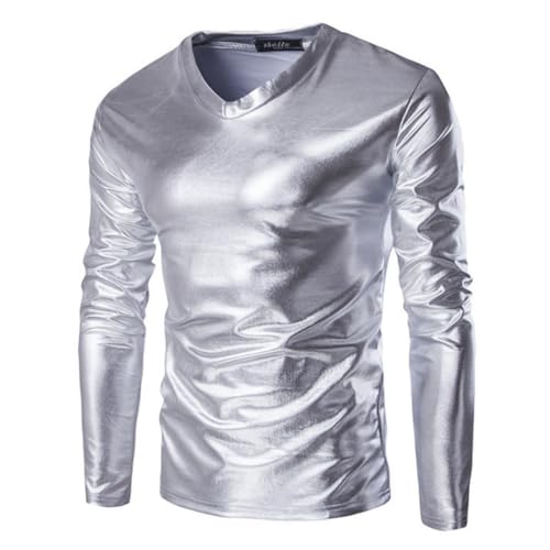 Herren Metallic Hemden, langärmelige glänzende Wet Look Tunika Oberteile für Clubwear, V-Ausschnitt solides Leder Party T-Shirt, schmal geschnittene, lässige Pullover für Tanz Disco-Nachtclub Kostüme