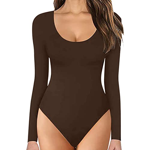 Generisch 2025 Langarm-Bodysuit mit Rundhalsausschnitt für Damen, bequem auf der Haut, Oberteile, sexy Bodysuits, Damenbekleidung Satin Pyjama Damen Große Größen (Coffee, M)