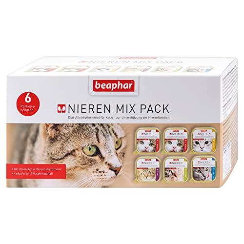 BEAPHAR - Nierendiät Mix Pack Für Katzen - Diätfutter - Reduzierter Phosphorgehalt - Mit Wertvollem Lachsöl - Unterstützt Die Nierenfunktion - Schonkost Für Feinschmecker - 6 Portionsschalen x 100 g