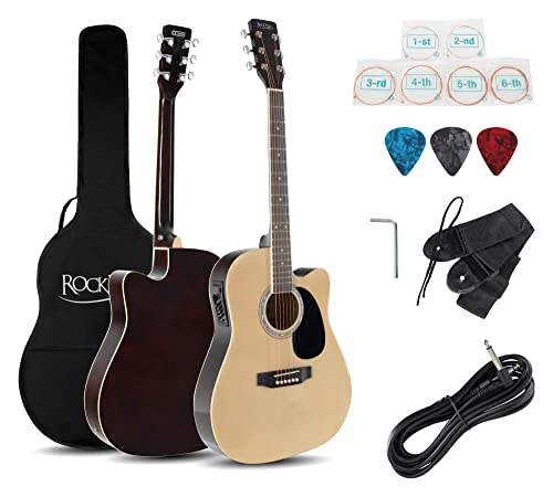 Rocktile WSD-8CE-NT Slim Line Westerngitarren Set - Dreadnought Akustik Gitarre - Westerngitarre mit Tonabnehmer im Set inkl. Tasche, Gurt, Kabel, Ersatzsaiten und Plektren - Natural