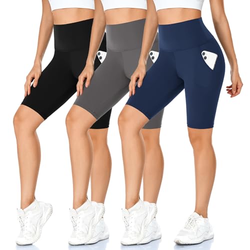 MOREFEEL 3er Pack Damen Radlerhose mit Taschen High Waist Sport Shorts Blickdicht Kurze Sporthose Sommer für Yoga Sport Fitness(Schwarz+Dunkelgrau+Marineblau,Large-X-Large)