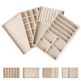 EXLECO 4er Groß Schmucktablett Samt Schmuckaufbewahrung Aufnehmbar Schmuck Organizer Schublade Schmuckkästchen ersetzt Tablett für Damen Mädchen Ringe Ohrring Brosche Kette Anhänger Beige 24*15cm