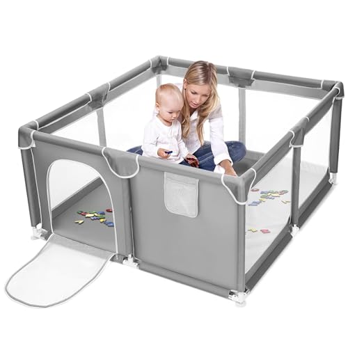 Kasanni Laufstall Baby 130x130cm Laufgitter Baby Laufstall Baby Faltbar Baby Playpen Mit Rutschfester Absperrgitter, GroßE Sicherheitsspielplatz, Mit Atmungsaktivem Netz An Vier Seiten Und SaugnäPfen