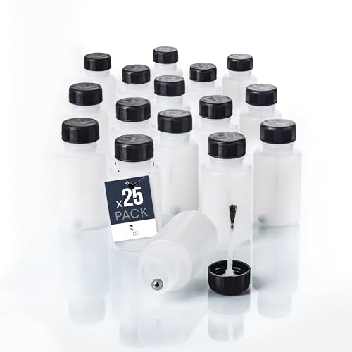 BenBow - 25x 50 ml Pinselfläschchen mit Mischkugel - Feiner Pinsel, Transparent - Lösemittelbeständig - Flüssigkeiten aufbewahren & auftragen - HDPE Kunststofffläschchen für Lacke, Farben Öl & Kleber