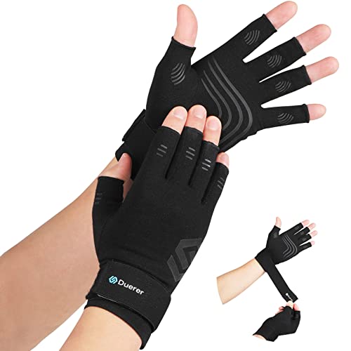 Duerer Arthritis-Kompressionshandschuhe mit Riemen, Damen Herren für RSI, Karpaltunnel, Rheuma, Sehnenscheidenentzündung, Handschmerzen, Handstütze. Fingerlose Handschuhe für Computer (Schwarz, XL)