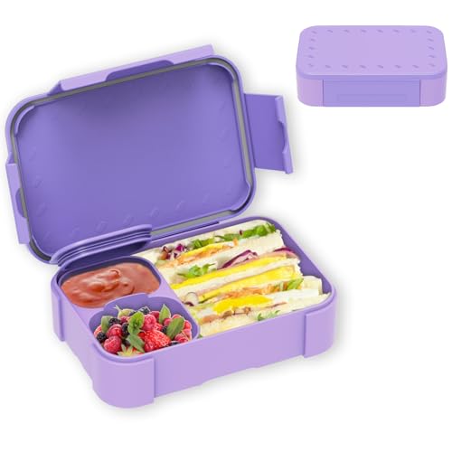 XJIANFU Brotdose Kinder mit Fächern,900ml Auslaufsichere Bento-Box, Kinder-Lunchbox,Auslaufsicher Fächern,Jausenbox Brotbox für,Mädchen & Jungen,Mikrowelle/spülmaschinenfest(Purple)